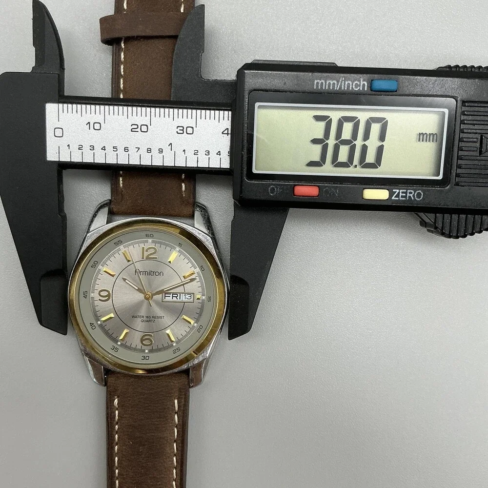 Armitron 20/1225 Mens Watch 38mm Silver Tone Brown Leather Day Date New Battery